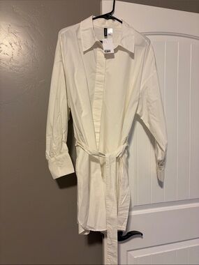 H&M Cream Long Sleeve Shirt Dress with Waist Tie